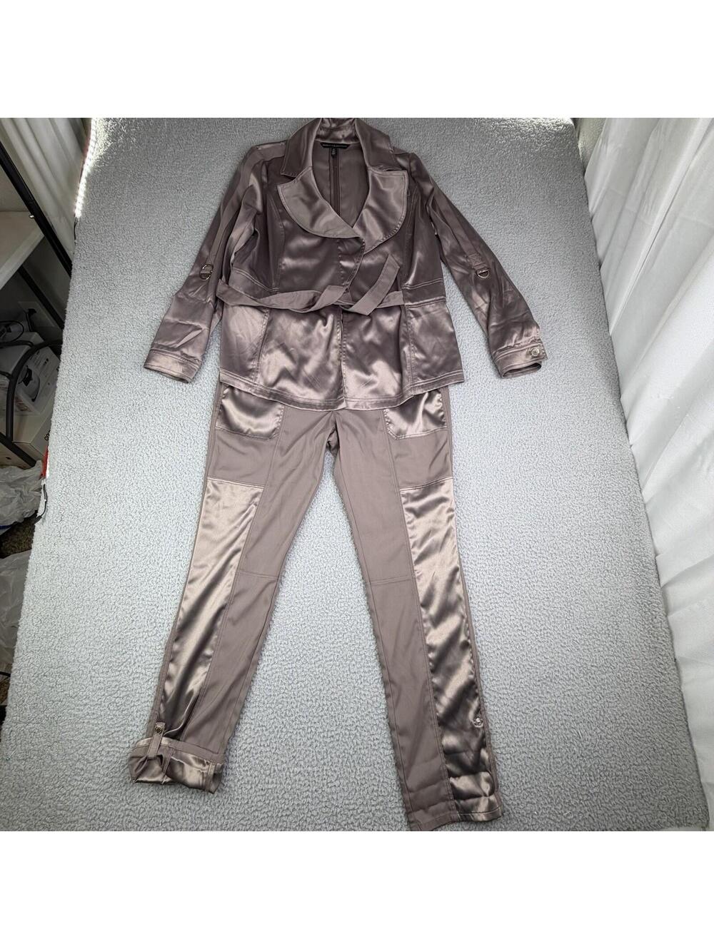 White House Black Market Satin Taupe Pants (Straight Crop) & Jacket Set Size 10